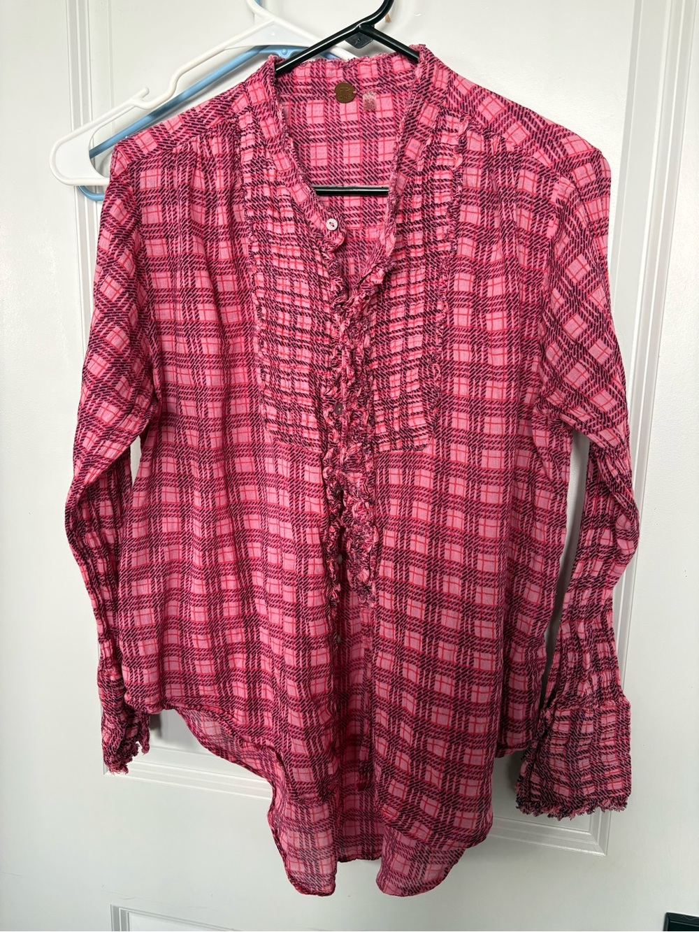 Women's Pink Plaid Ruffle-Front Blouse